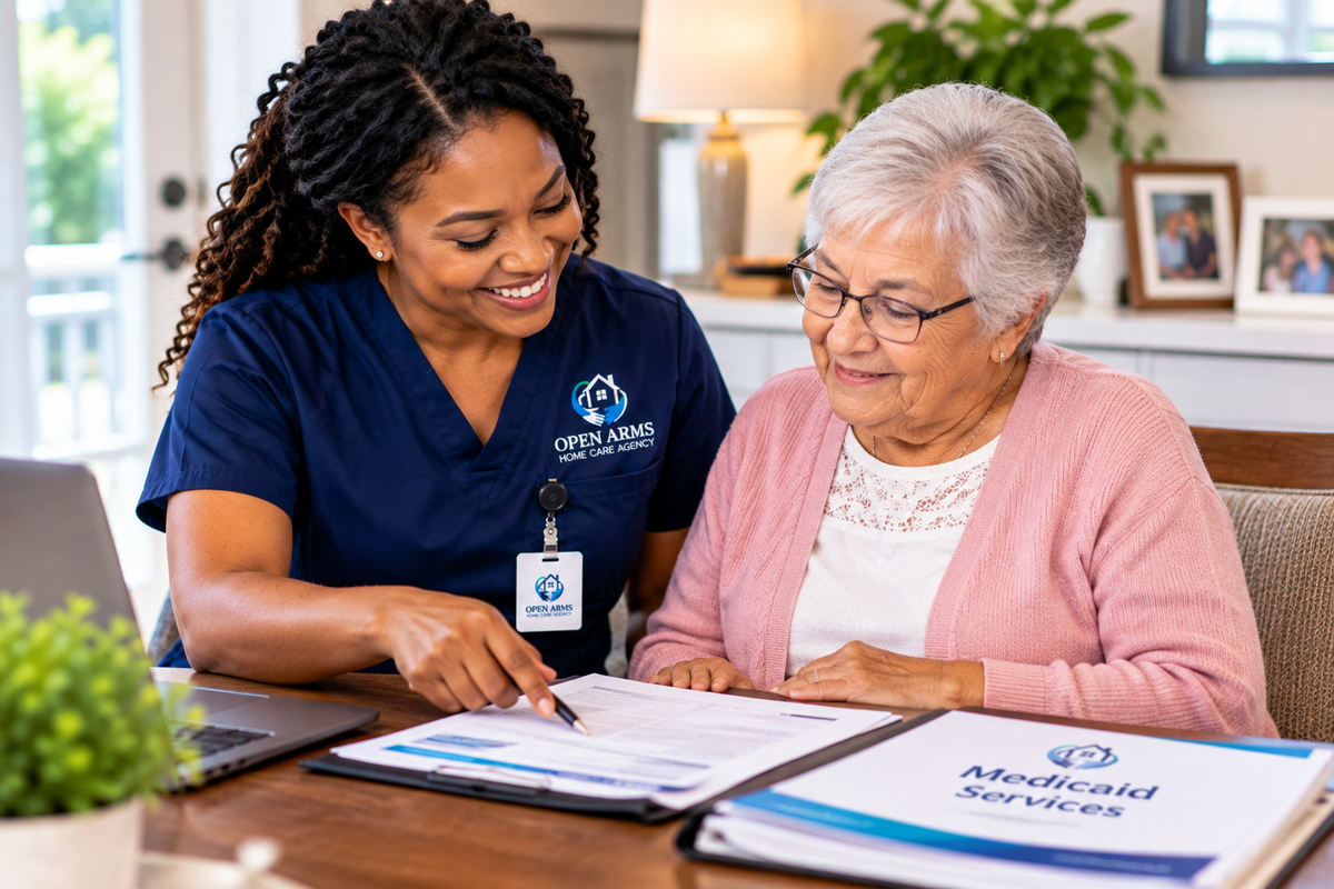An Asian caregiver helps an older Asian woman set lunch on a table at home.